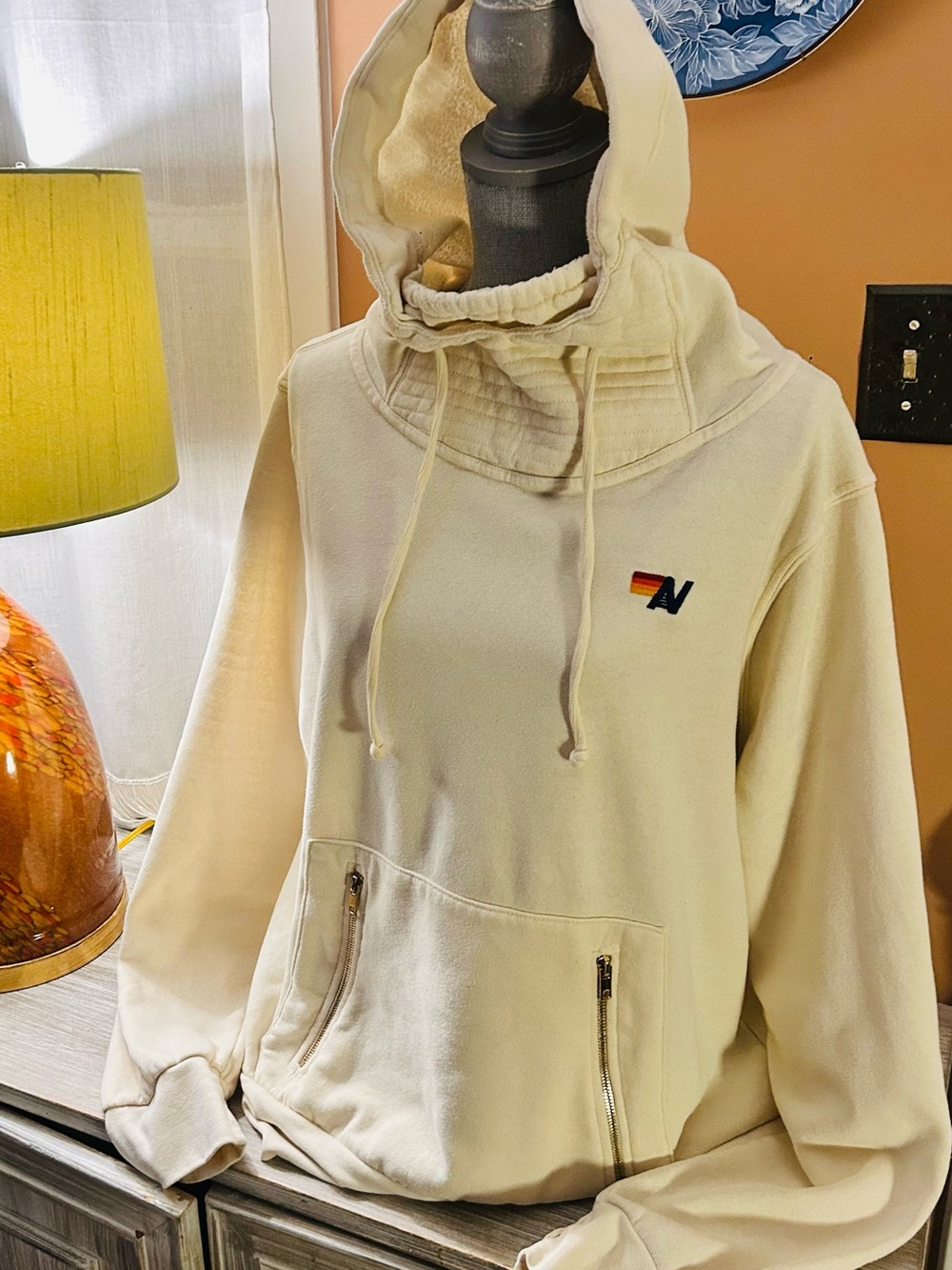Aviator Nation Cream Cowl Neck Hoodie with Rainbow Stripe Logo